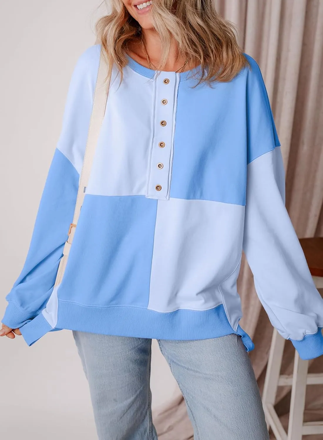 SHEWIN Women's Sweatshirts Casual Loose Button Henley Pullover Top Color Block 2024 Fall Fashion Outfits