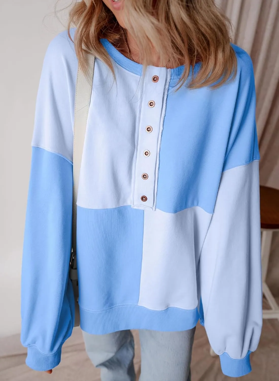 SHEWIN Women's Sweatshirts Casual Loose Button Henley Pullover Top Color Block 2024 Fall Fashion Outfits