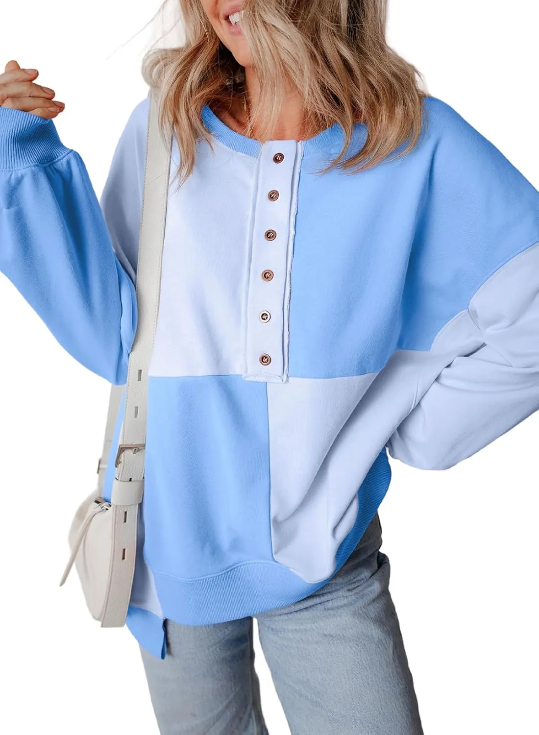 SHEWIN Women's Sweatshirts Casual Loose Button Henley Pullover Top Color Block 2024 Fall Fashion Outfits