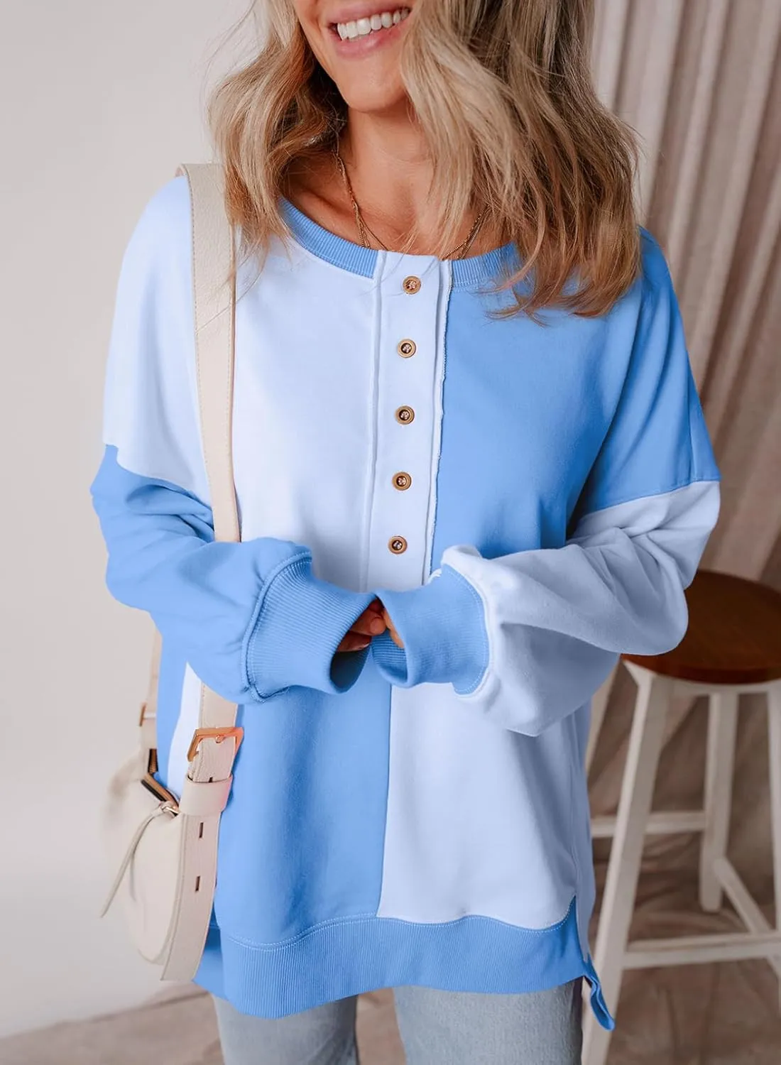 SHEWIN Women's Sweatshirts Casual Loose Button Henley Pullover Top Color Block 2024 Fall Fashion Outfits
