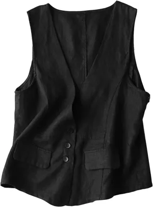 Shiyifa Women's Sleeveless Cotton Linen Vest Button Down V Neck Waistcoat Jacket