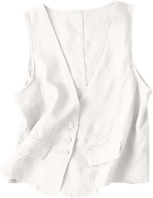 Shiyifa Women's Sleeveless Cotton Linen Vest Button Down V Neck Waistcoat Jacket