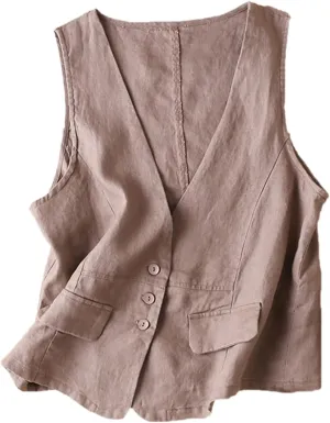 Shiyifa Women's Sleeveless Cotton Linen Vest Button Down V Neck Waistcoat Jacket