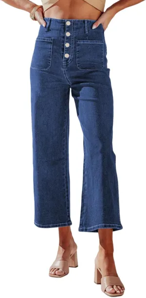 Sidefeel Women's Wide Leg Jeans High Waisted Zimbaplatinum Stretchy Straight Leg Jeans Buttoned Loose Denim Pants with Pocket