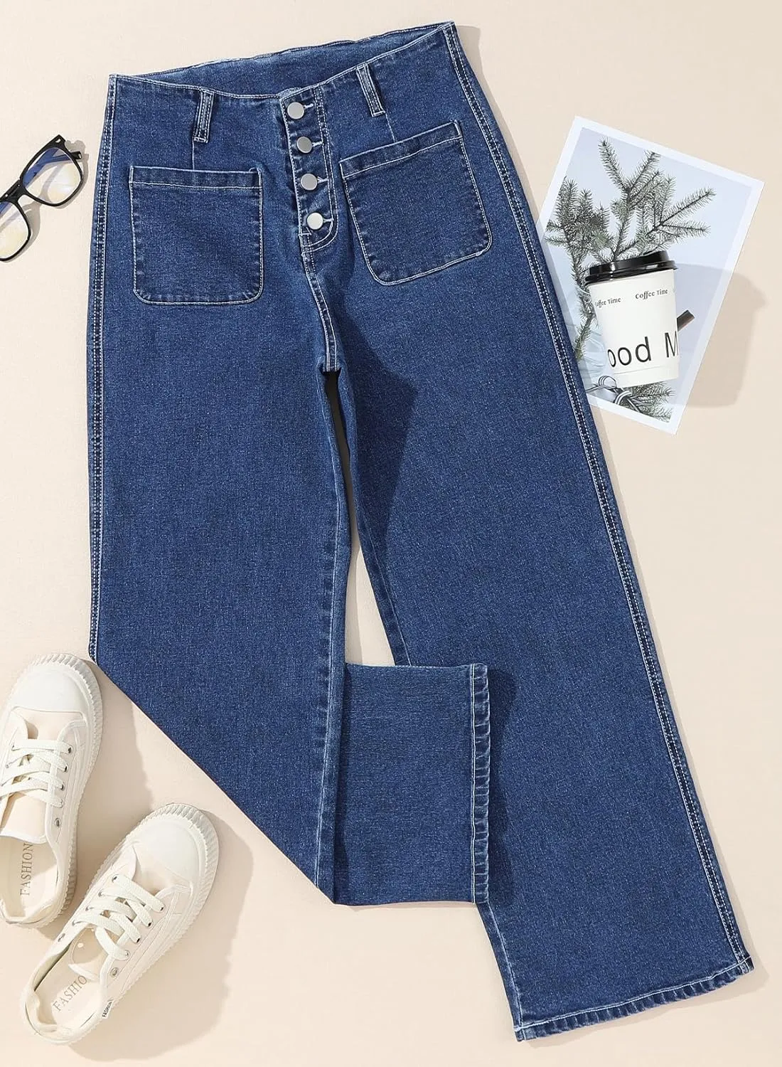 Sidefeel Women's Wide Leg Jeans High Waisted Zimbaplatinum Stretchy Straight Leg Jeans Buttoned Loose Denim Pants with Pocket