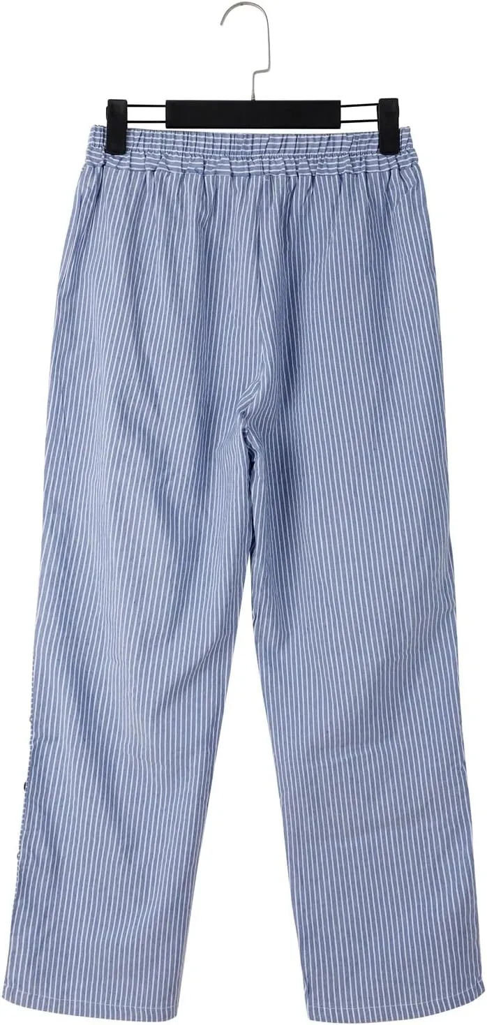 Striped Linen Pants for Women 2025, Trendy Spring Summer Casual Pants High Waist Straight Leg Trousers with Pockets