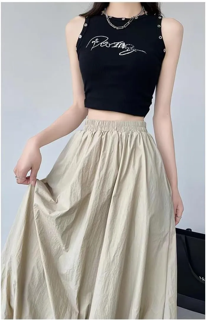 Sumleno Women 2025 Summer Bubble Maxi Skirt Ruffle Pleated Elastic Waist A-Line Long Skirt Y2k Aesthetic Midi Dress