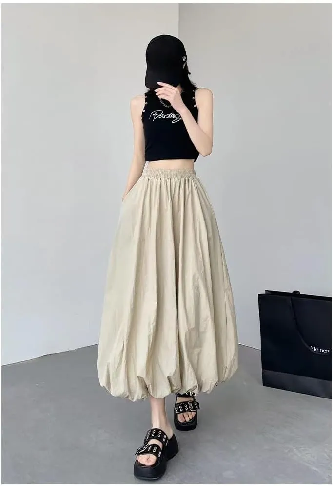 Sumleno Women 2025 Summer Bubble Maxi Skirt Ruffle Pleated Elastic Waist A-Line Long Skirt Y2k Aesthetic Midi Dress