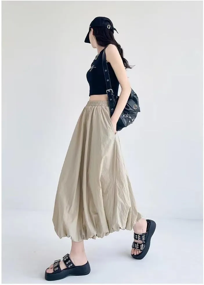 Sumleno Women 2025 Summer Bubble Maxi Skirt Ruffle Pleated Elastic Waist A-Line Long Skirt Y2k Aesthetic Midi Dress