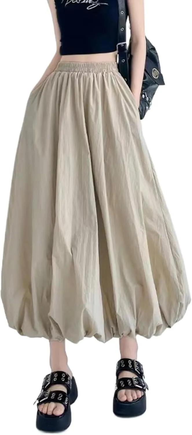Sumleno Women 2025 Summer Bubble Maxi Skirt Ruffle Pleated Elastic Waist A-Line Long Skirt Y2k Aesthetic Midi Dress