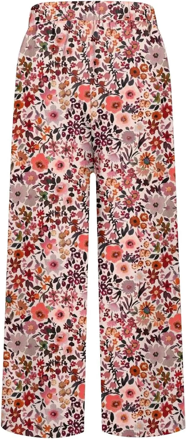 Summer Pants for Women 2025 Vacation Casual Boho Floral Print Cotton Linen Pants Fashion Wide Leg Stripe Lounge Pant