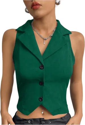 SweatyRocks Women's Solid Lapel Neck Button Front Crop Vest Jacket Waistcoat Sleeveless Blazer