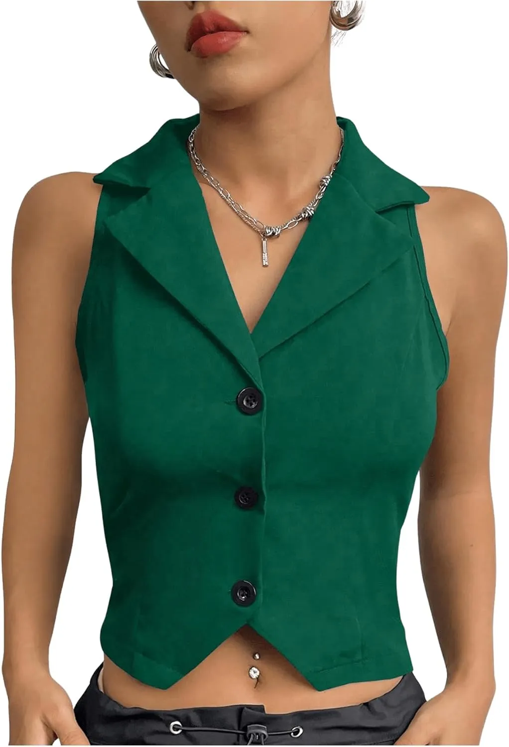 SweatyRocks Women's Solid Lapel Neck Button Front Crop Vest Jacket Waistcoat Sleeveless Blazer
