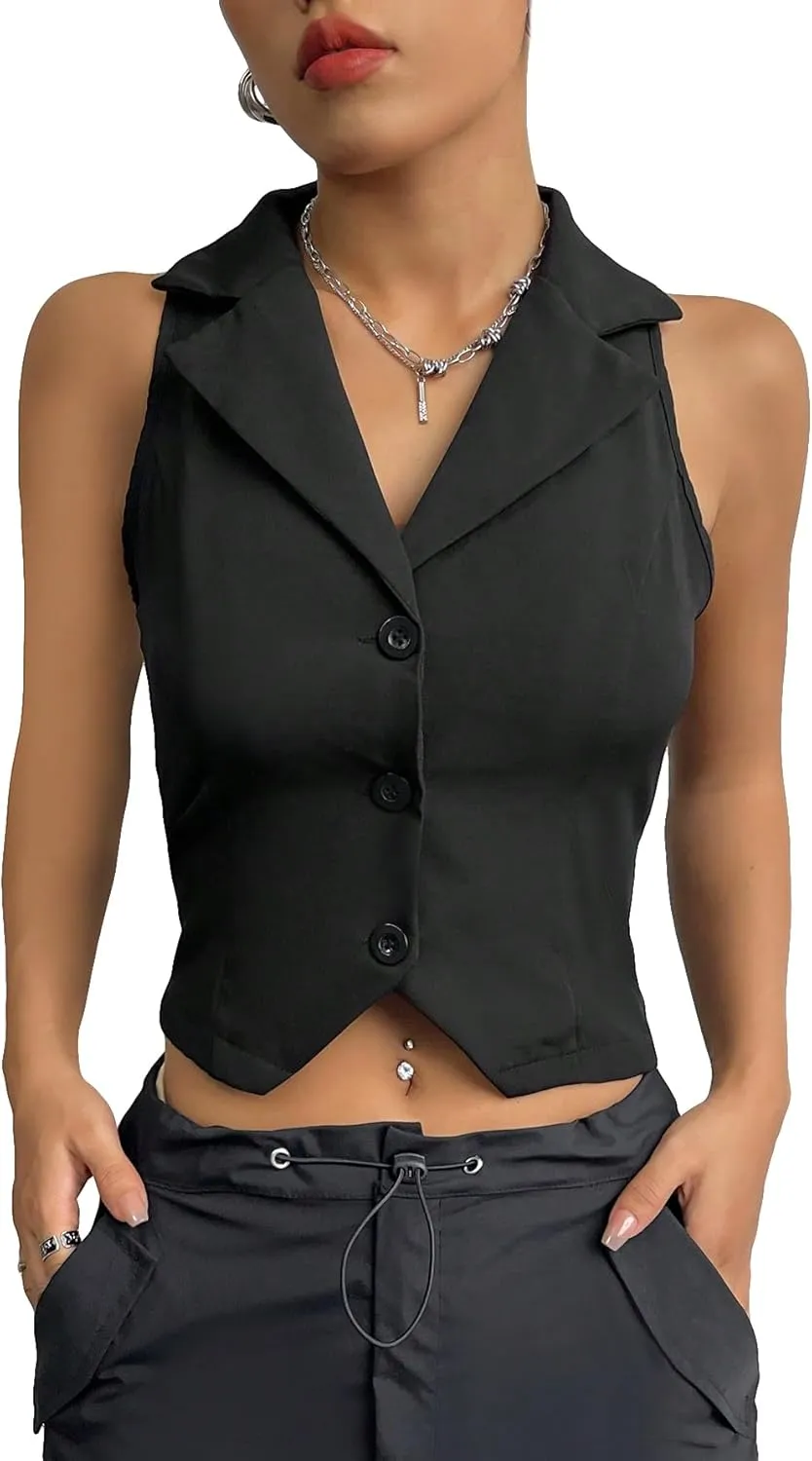 SweatyRocks Women's Solid Lapel Neck Button Front Crop Vest Jacket Waistcoat Sleeveless Blazer