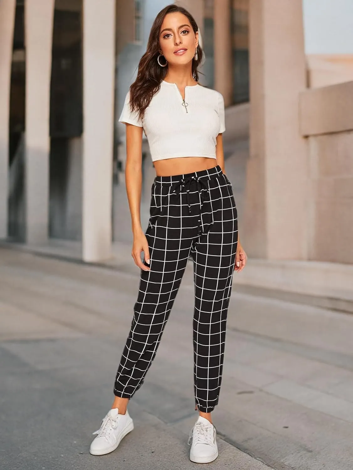 SweatyRocks Women's Tie High Waist Striped Plaid Casual Long Pants with Pockets
