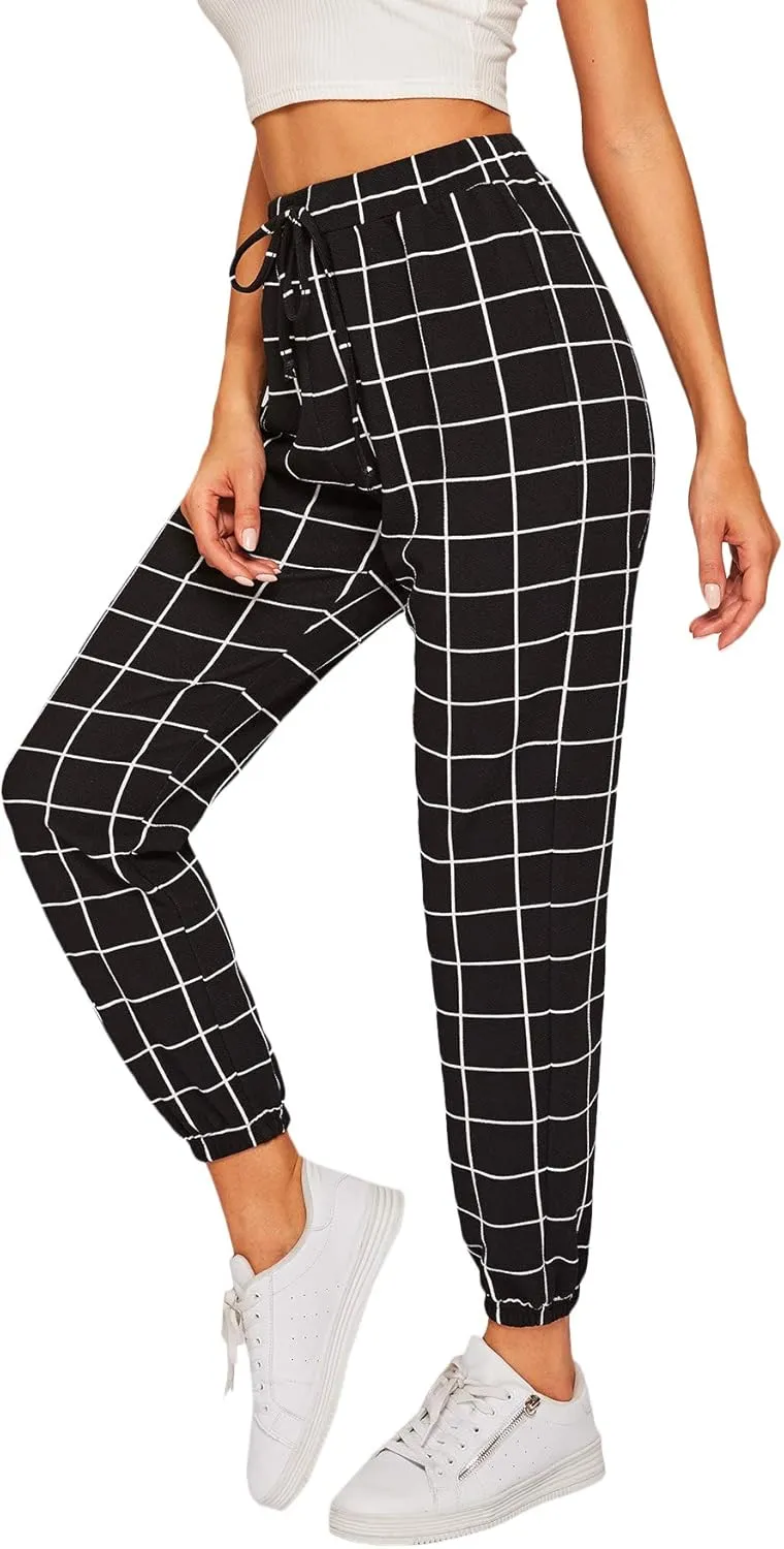 SweatyRocks Women's Tie High Waist Striped Plaid Casual Long Pants with Pockets