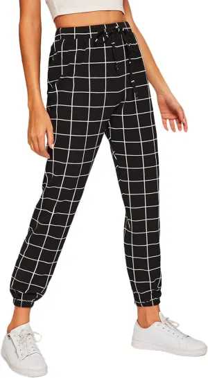 SweatyRocks Women's Tie High Waist Striped Plaid Casual Long Pants with Pockets