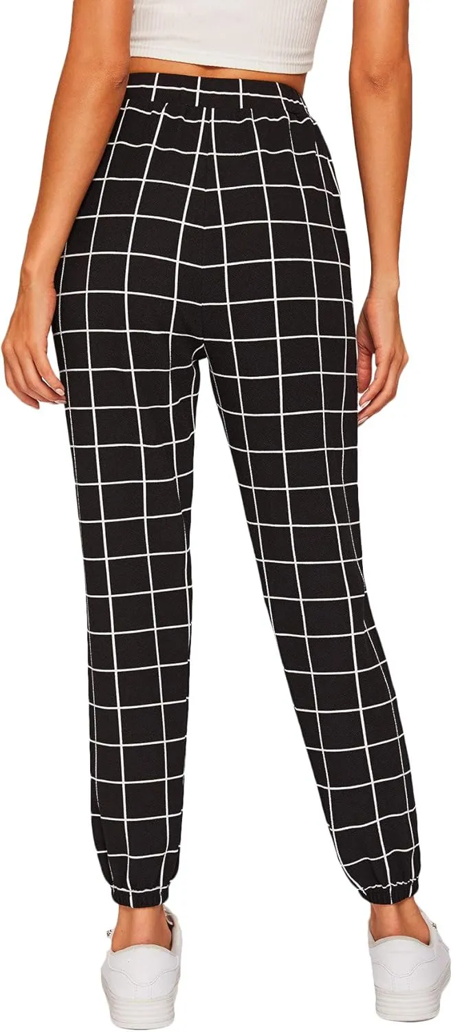 SweatyRocks Women's Tie High Waist Striped Plaid Casual Long Pants with Pockets