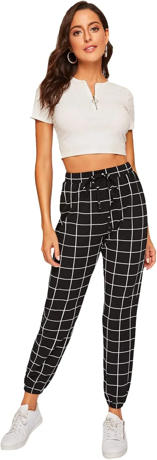 SweatyRocks Women's Tie High Waist Striped Plaid Casual Long Pants with Pockets
