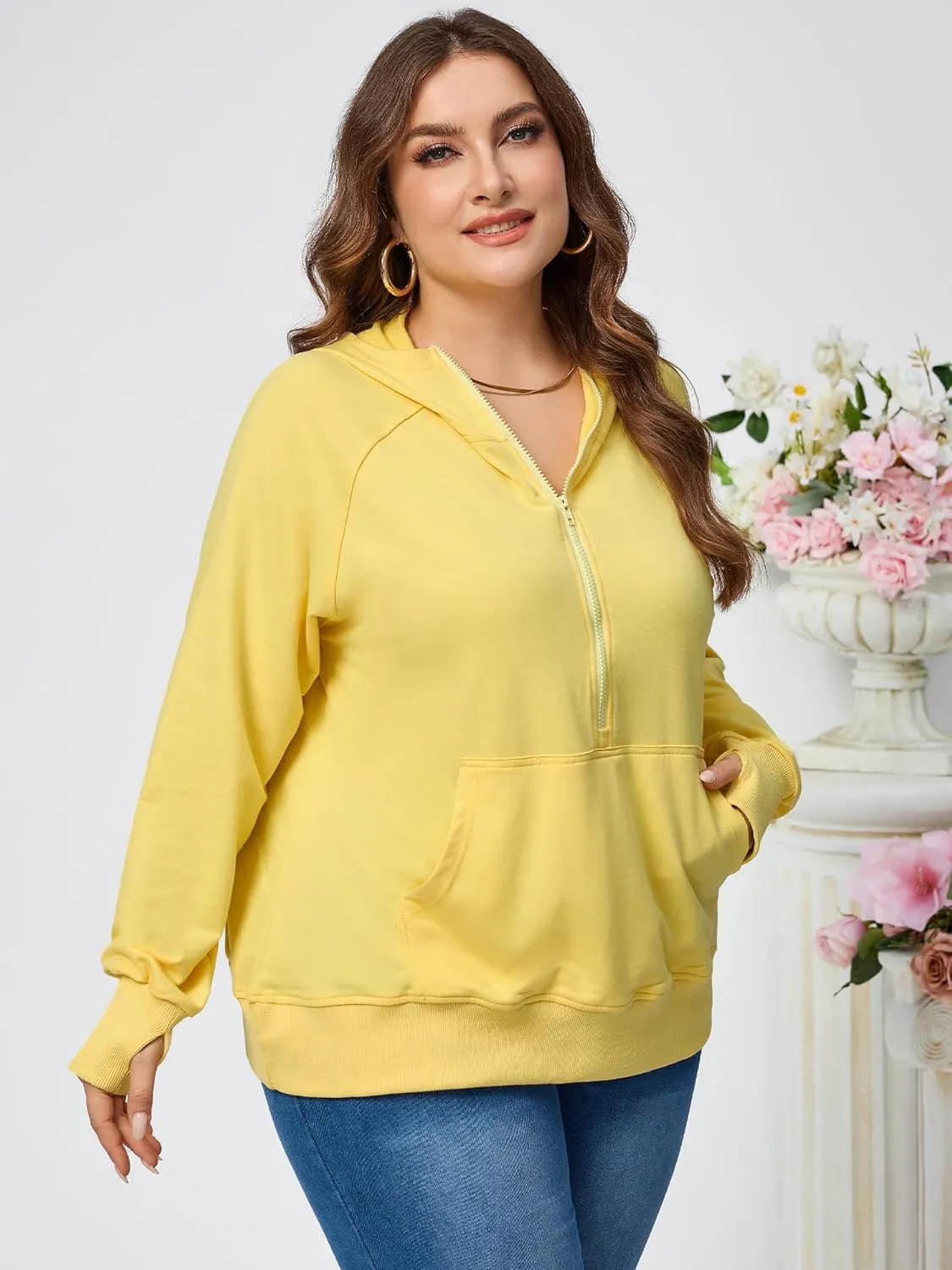 TAKEYAL Womens Plus Size Hoodies Oversized Sweatshirts Half Quarter Zip Pullover Long Sleeve Fall Outfits With Pocket