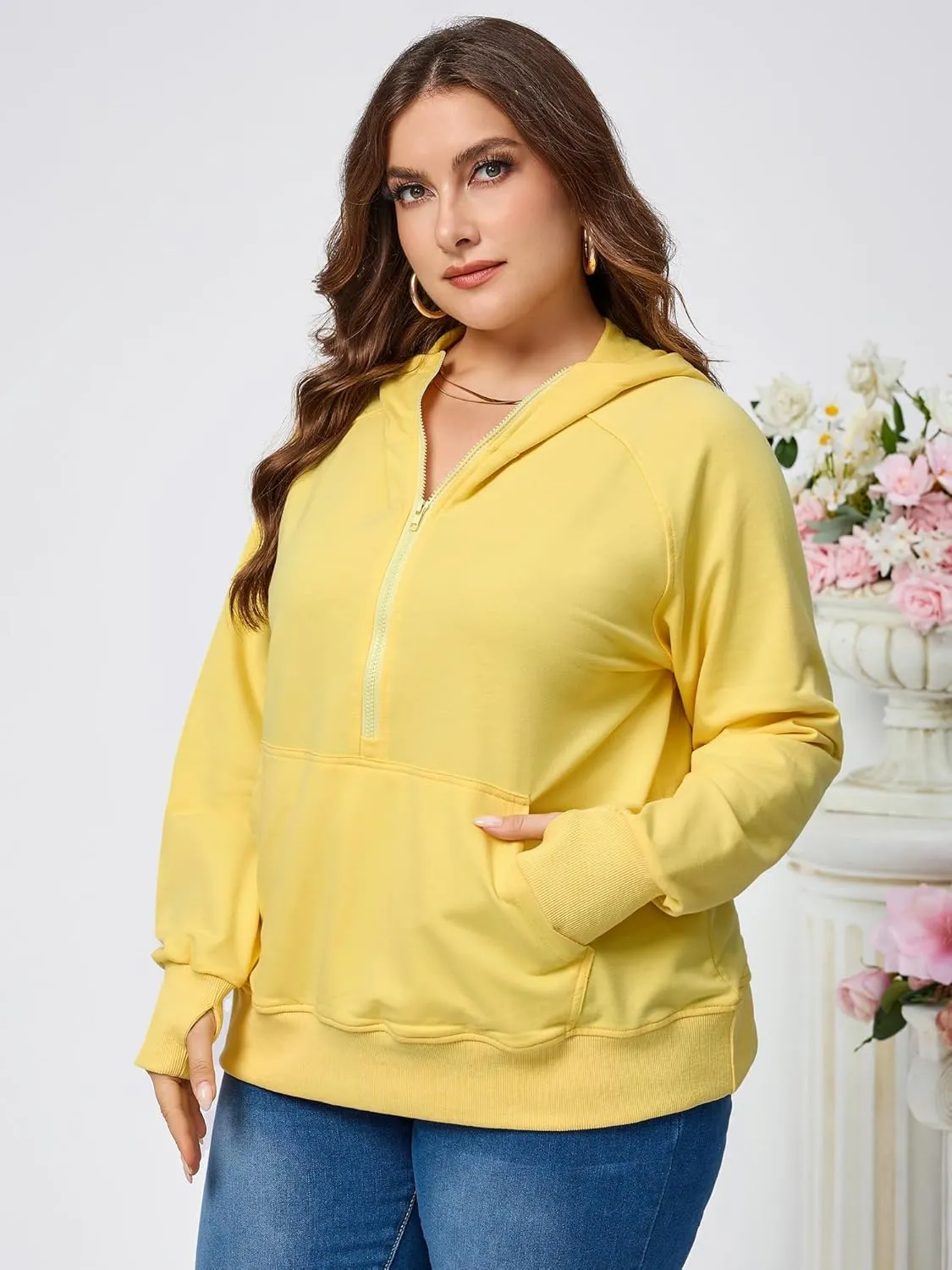 TAKEYAL Womens Plus Size Hoodies Oversized Sweatshirts Half Quarter Zip Pullover Long Sleeve Fall Outfits With Pocket
