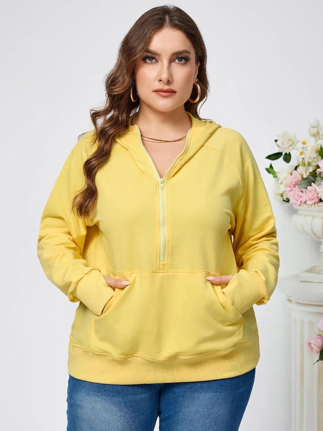 TAKEYAL Womens Plus Size Hoodies Oversized Sweatshirts Half Quarter Zip Pullover Long Sleeve Fall Outfits With Pocket