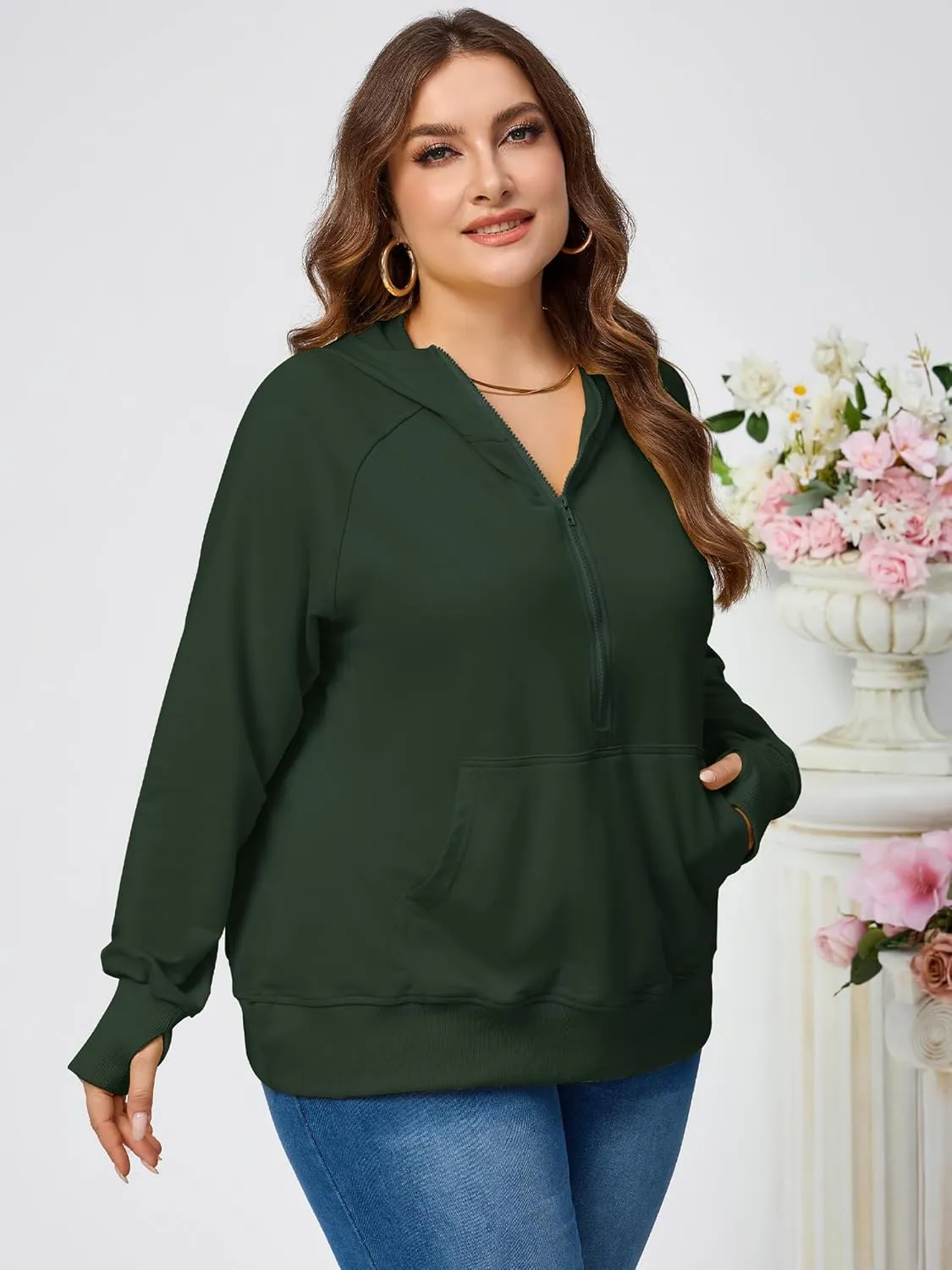 TAKEYAL Womens Plus Size Hoodies Oversized Sweatshirts Half Quarter Zip Pullover Long Sleeve Fall Outfits With Pocket