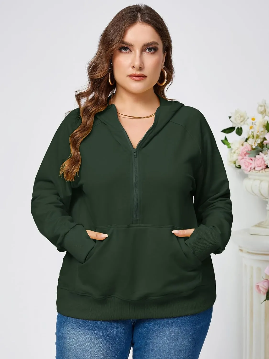 TAKEYAL Womens Plus Size Hoodies Oversized Sweatshirts Half Quarter Zip Pullover Long Sleeve Fall Outfits With Pocket