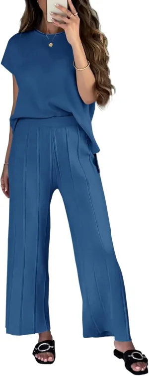 Tankaneo Womens Sweater Lounge Sets Knit Cap Sleeve Vest Tops and Pleated Pants 2 Piece Outfits Matching Suits