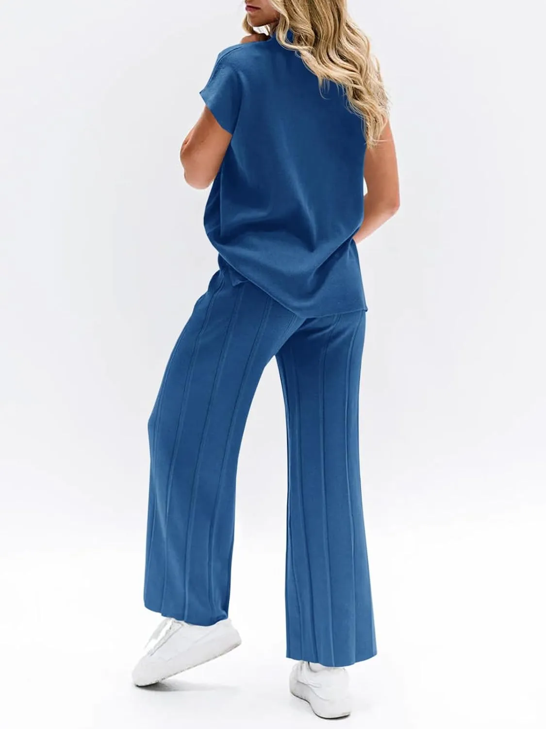 Tankaneo Womens Sweater Lounge Sets Knit Cap Sleeve Vest Tops and Pleated Pants 2 Piece Outfits Matching Suits