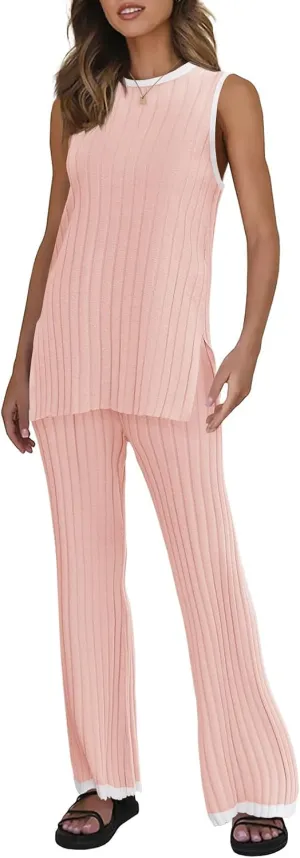 Tankaneo Womens Sweater Set 2 Piece Outfits Knit Sleeveless Tank Tops Elastic Waist Pants Patchwork Lounge Sets