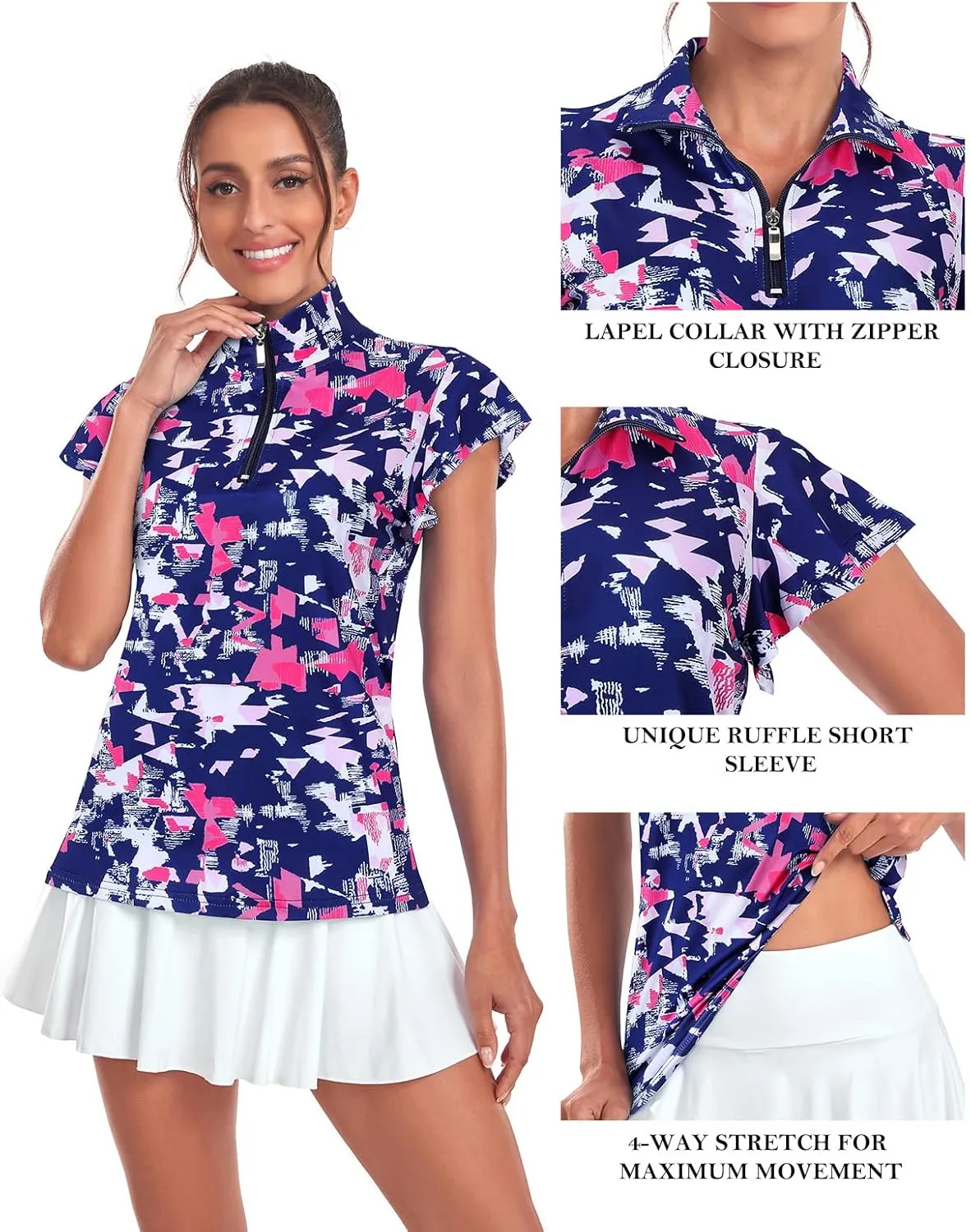 Tanst Sky Women's Golf Polo Shirts Zip Up Ruffles Short Sleeve Workout Tops Quick Dry