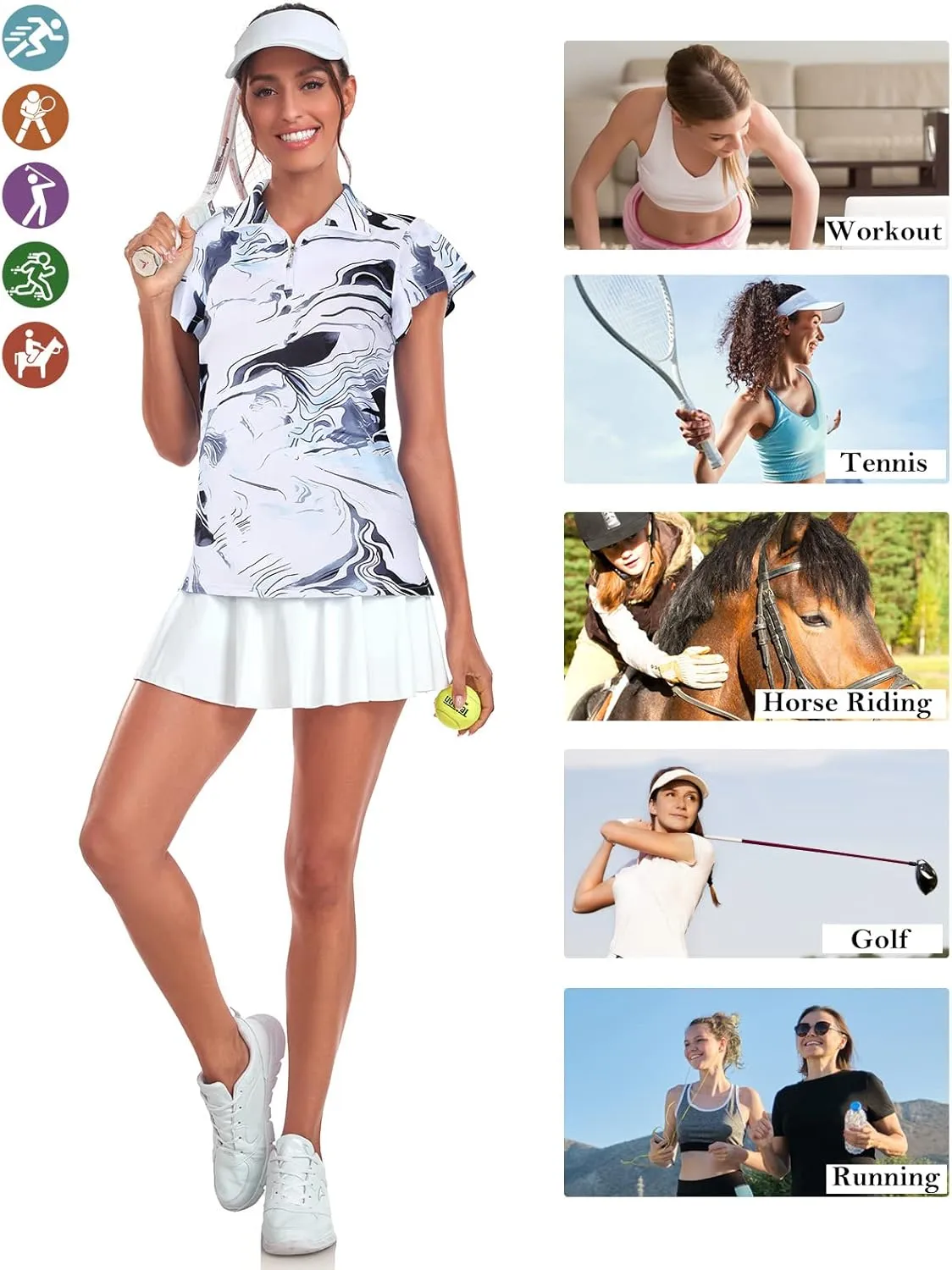 Tanst Sky Women's Golf Polo Shirts Zip Up Ruffles Short Sleeve Workout Tops Quick Dry