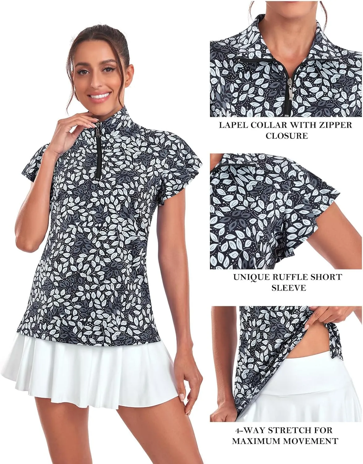 Tanst Sky Women's Golf Polo Shirts Zip Up Ruffles Short Sleeve Workout Tops Quick Dry