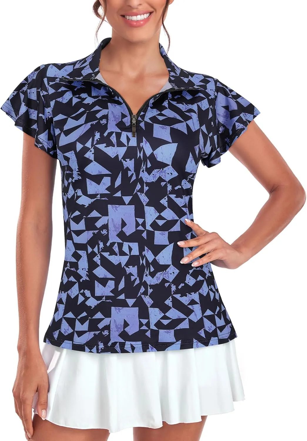 Tanst Sky Women's Golf Polo Shirts Zip Up Ruffles Short Sleeve Workout Tops Quick Dry