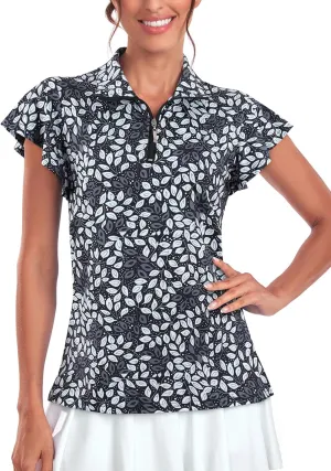 Tanst Sky Women's Golf Polo Shirts Zip Up Ruffles Short Sleeve Workout Tops Quick Dry