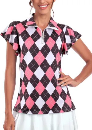 Tanst Sky Women's Golf Polo Shirts Zip Up Ruffles Short Sleeve Workout Tops Quick Dry