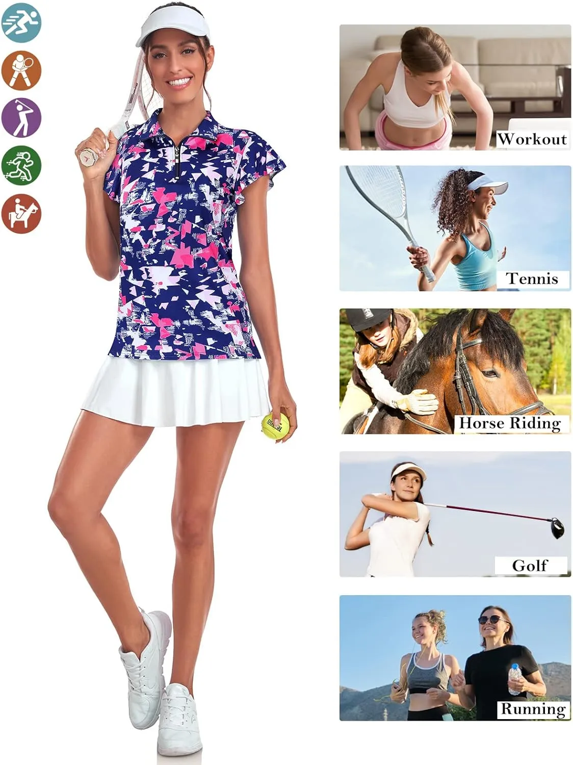 Tanst Sky Women's Golf Polo Shirts Zip Up Ruffles Short Sleeve Workout Tops Quick Dry