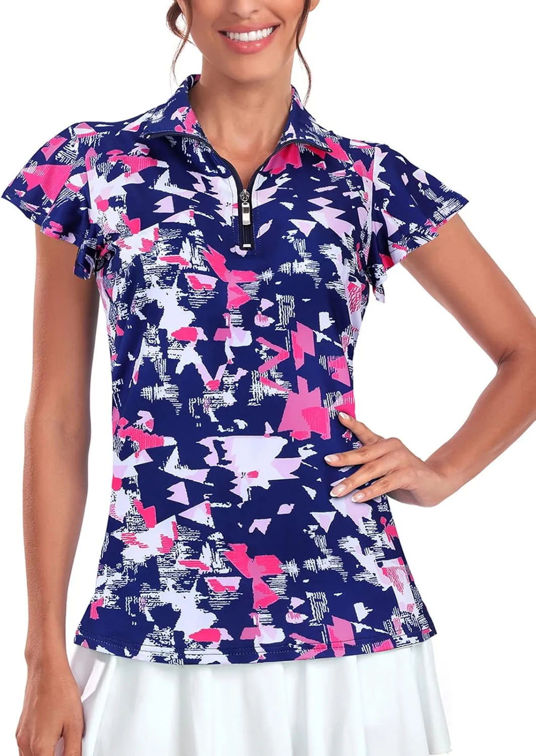Tanst Sky Women's Golf Polo Shirts Zip Up Ruffles Short Sleeve Workout Tops Quick Dry