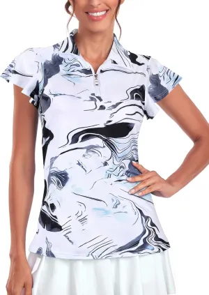 Tanst Sky Women's Golf Polo Shirts Zip Up Ruffles Short Sleeve Workout Tops Quick Dry