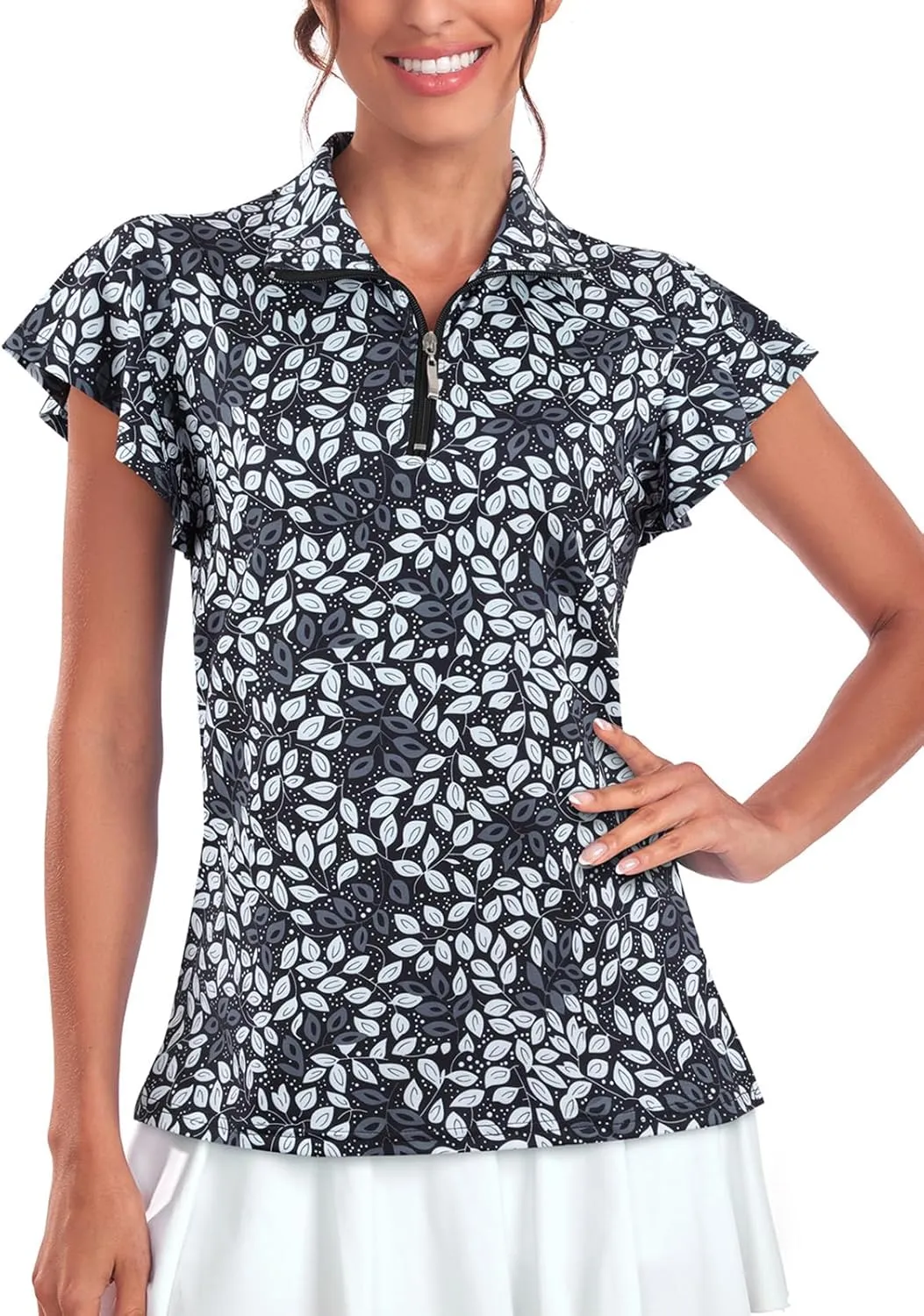 Tanst Sky Women's Golf Polo Shirts Zip Up Ruffles Short Sleeve Workout Tops Quick Dry