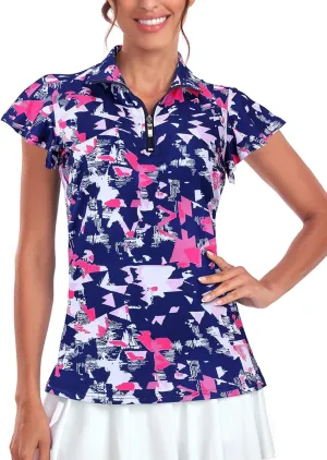 Tanst Sky Women's Golf Polo Shirts Zip Up Ruffles Short Sleeve Workout Tops Quick Dry