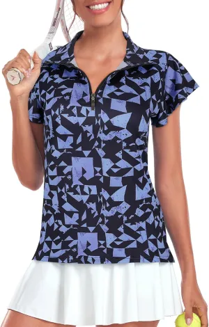 Tanst Sky Women's Golf Polo Shirts Zip Up Ruffles Short Sleeve Workout Tops Quick Dry