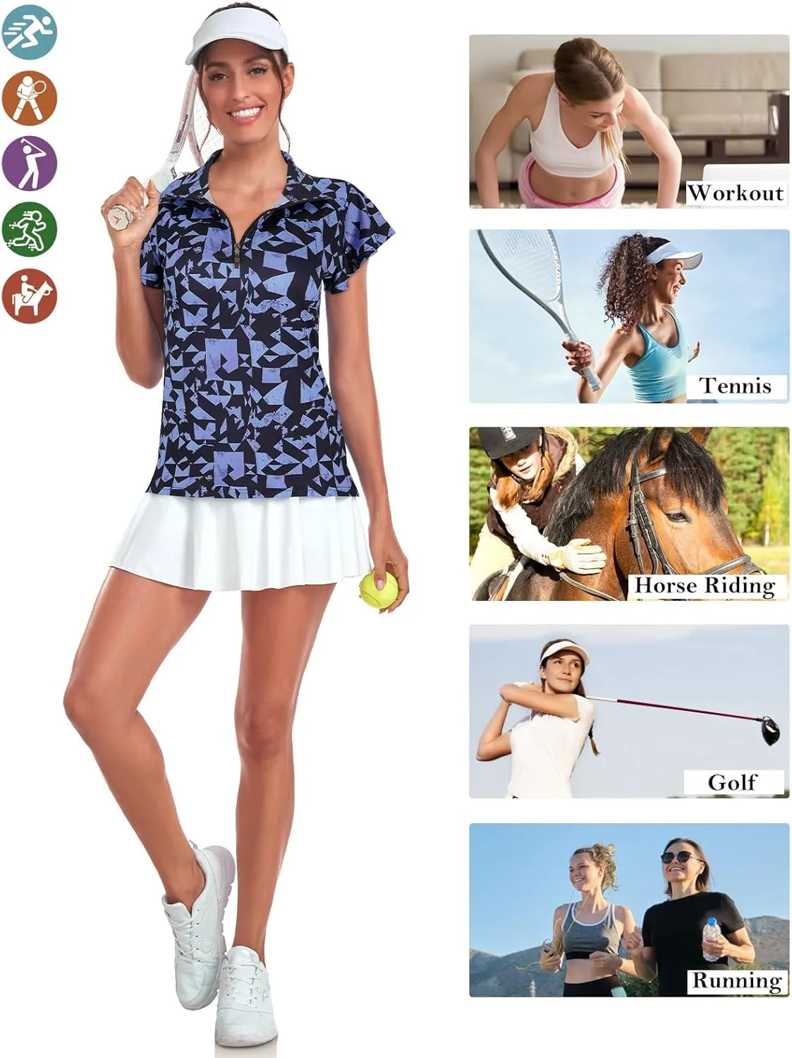 Tanst Sky Women's Golf Polo Shirts Zip Up Ruffles Short Sleeve Workout Tops Quick Dry