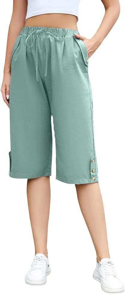 TBA Wide Leg Straight Capri Pants for Women Drawstring Elastic High Waist Joggers Pants Casual Cropped Trousers with Pockets