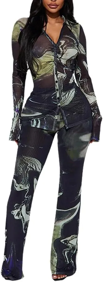 THLAI 2 Piece Outfits for Women Print Shirt Top and Long Wide Leg Pants Sexy Outfit Casual Style