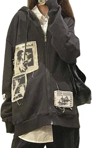 TINXIEA Women's E-Girl Oversized Sweatshirt Vintage Zip Up Hoodies Coat Long Sleeve 90s Streetwear Pullover Jacket(Punk Grey, Small)