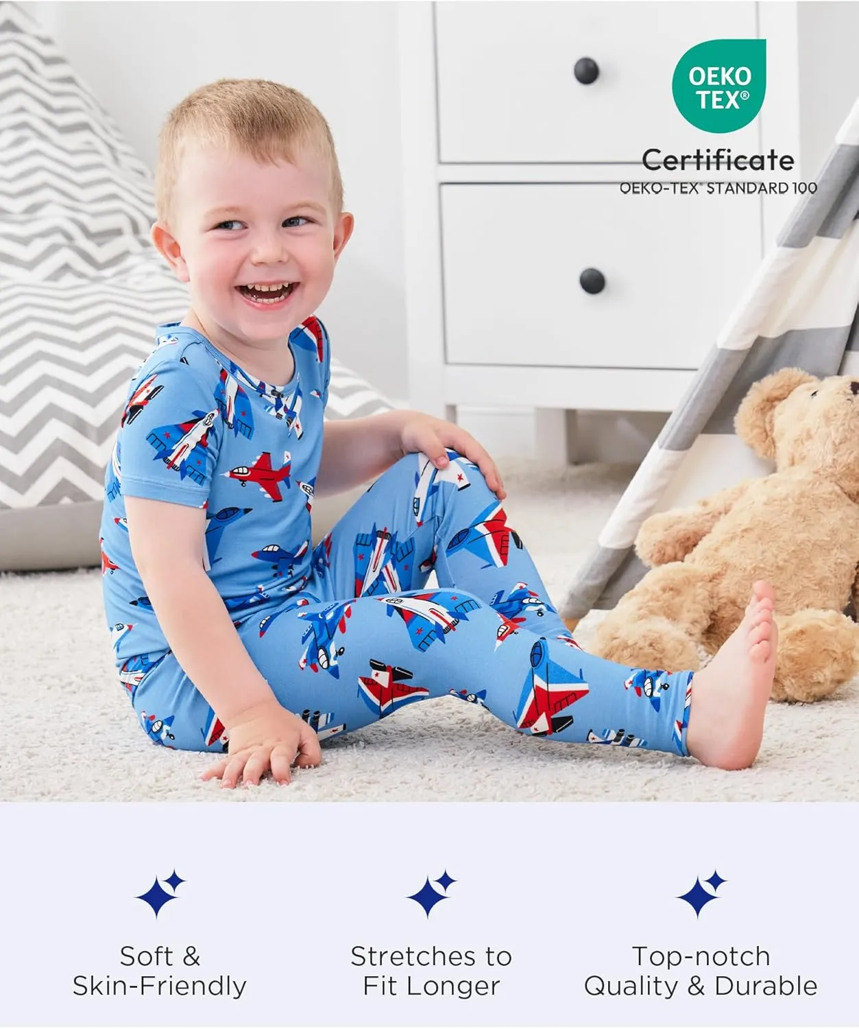 Toddler Boys Girls Pajamas Soft Bamboo Viscose Short Sleeve Top and Pants Summer 2 Piece PJs Set