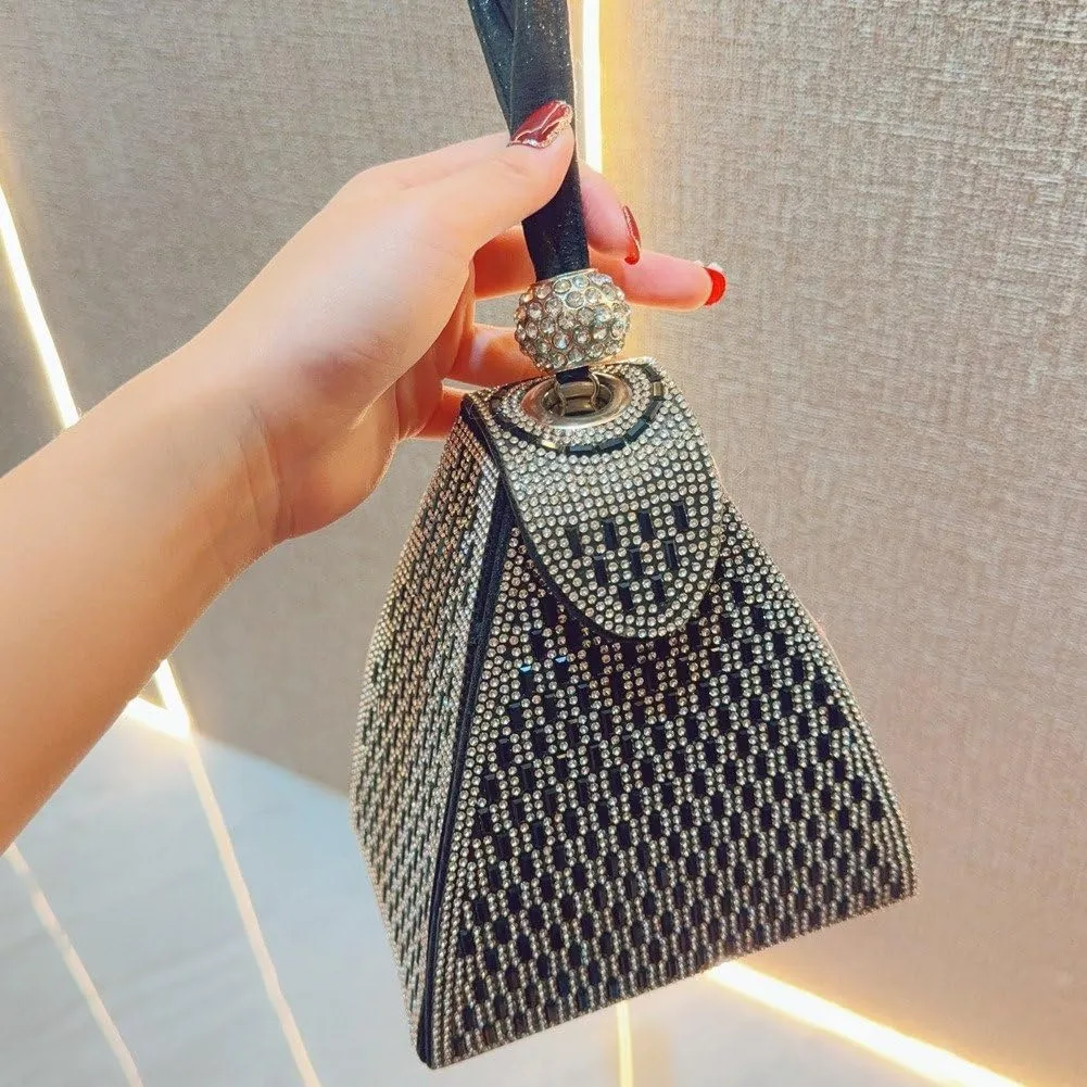 Triangle Crystal Evening Clutch Purse - Rhinestone Handle Party Handbag, Elegant for Night Events