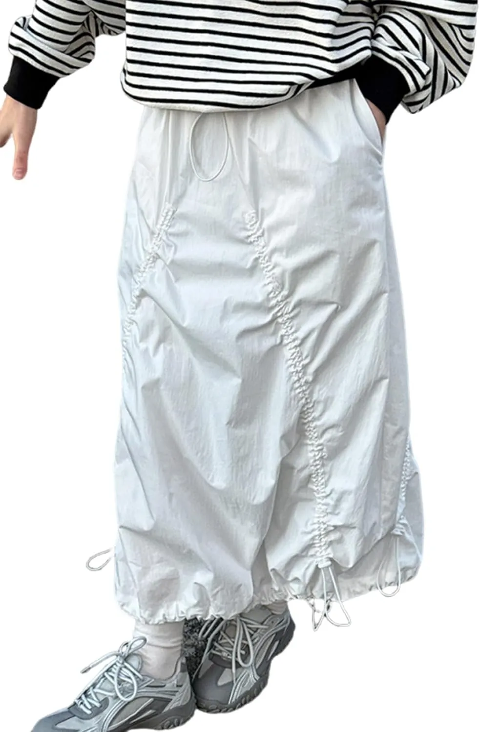 utcoco Women Casual Baggy Drawstring Parachute Skirt Lightweight Comfy Shirried Cargo Maxi Long Skirts with Pockets